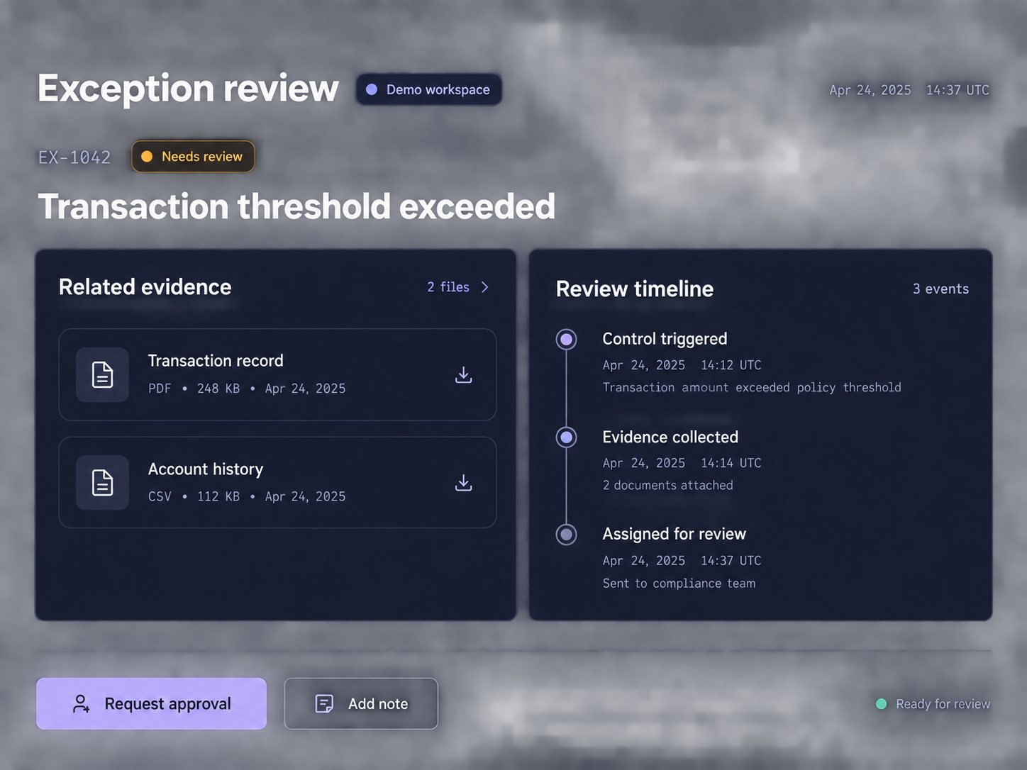 Concept mockup of an exception review, showing related evidence, a review timeline and approval actions.
